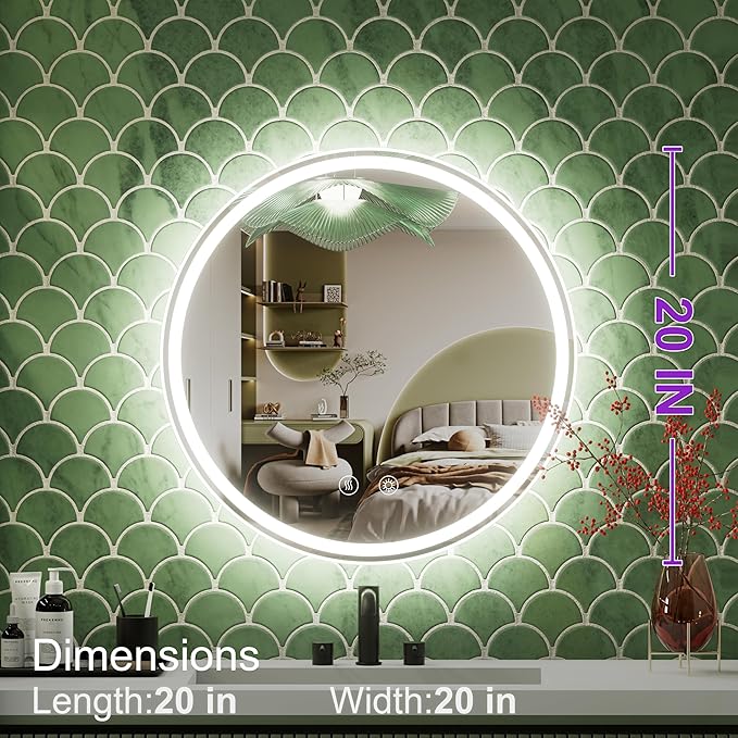 20 Inch Round LED Bathroom Mirror with Anti-Fog, Dimmable Front & Backlit Lights, 6000K Daylight, Frameless, 5mm HD Glass, Memory Function, Touch Control, CRI 90+