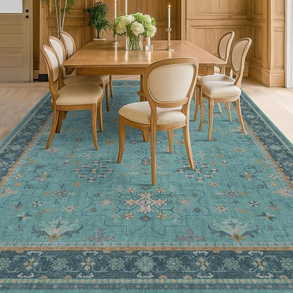 Large Boho 8x12 Teal Green Washable Living Room Rug - Vibrant Turquoise Rug for Bedroom Under Bed, Dining Room Under Table, Geometric Floral Low Pile & Soft Stain Resistant Carpet
