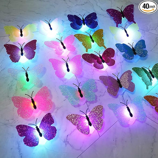 3D LED Butterfly Night Lights, 40Pcs Single and Double Butterfly Decoration Light, Glowing Flash Wall Stickers Light for Bedroom, Garden, Backyard, Party, Lawn, Living Room Decor