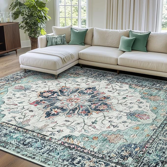 RELEANY Area Rugs 7'x10' Washable Non-Slip, Floral Vintage Distress Print Pattern Medallion Carpet for Living Room Bedroom Dining Room, Light Yellow Carbon Grey Orange