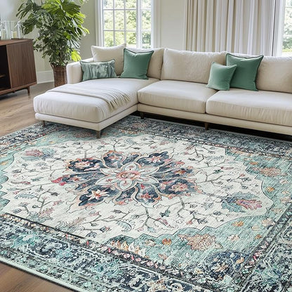 RELEANY Area Rugs 7'x10' Washable Non-Slip, Floral Vintage Distress Print Pattern Medallion Carpet for Living Room Bedroom Dining Room, Green Navy Blue White Red Teal Colorful