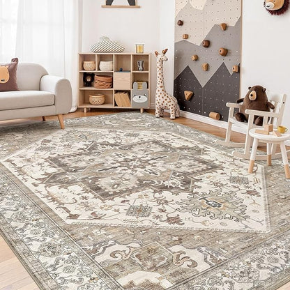 9x12 Area Rug for Living Room- Machine Washable Soft Oriental Vintage Large Indoor Floor Carpet for Bedroom Under Dining Table Home Office Decor - Beige Brown