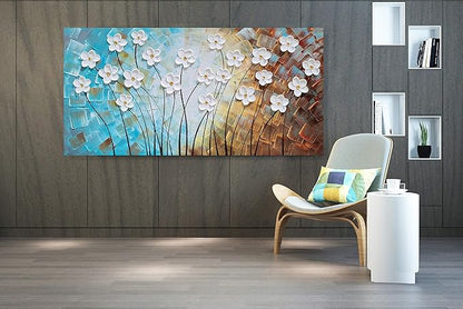 YHSKY ARTS Artisan Crafted Three Dimensional White Floral Relief Wall Decor, Abstract Botanical Canvas Artwork forLiving Room Bedroom Decor