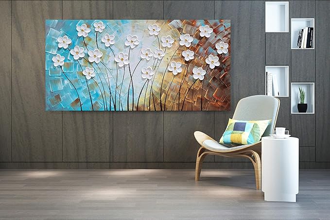 YHSKY ARTS Flower Canvas Wall Art Hand Painted 3D Turquoise Brown White Painting Modern Abstract Floral Pictures Aesthetic Artwork for Living Room Bedroom Dinning Room Decoration