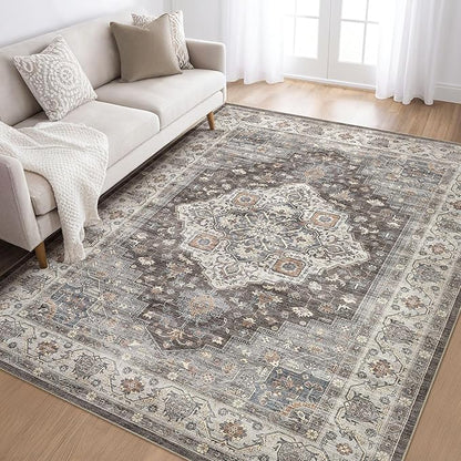 6x8 Area Rug Living Room: Washable Boho Large Neutral Vintage Soft Rug Stain Resistant Farmhouse Non-Slip Indoor Floor Carpet for Bedroom Nursery Kids Office Dining Room Playroom- Grey Brown