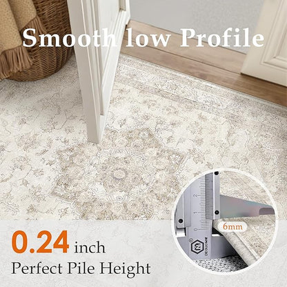PureCozy Beige Area Rug 9x12 Washable Vintage Carpet for Living Room Bedroom Large Soft Retro Low Pile Thin Indoor Rug Non Slip Oriental Medallion Floor Cover for Dining Room Office