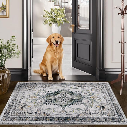 RUSHUFFY 2x3 Washable Small Rug Door Mat, Rugs for Entryway, Vintage Boho Distressed Print Pattern Non-Slip Carpet, Throw Rug for Indoor Entrance Kitchen Bedroom Bathroom Laundry Floor, Grey White