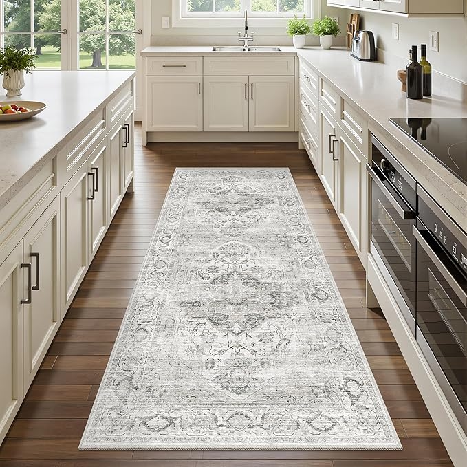 2x5 Washble Hallway Runner Rug - Vintage Non Slip Long Rugs for Entryway Ultra Soft Stain Resistant Distressed Indoor Low Pile Mat Waterproof Carpet for Living Room Bedroom Laundry Ivory/Gray