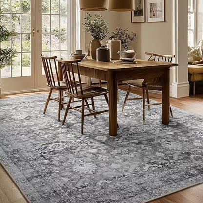 Washable 6x9 Area Rugs for Living Room, Boho Non-Slip Vintage Distress Large Rugs for Bedroom Dining Room Nursery Office, 0.3" Neutral Oriental Throw Thin Carpet, Grey/Multi, C5