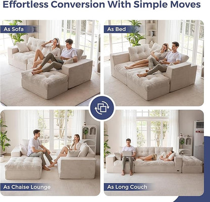 MAXYOYO 104" L Shaped Modular Sectional Sofa with Ottoman, Cloud Boneless Couch with Layered Cushion, Upholstered Sofa Flexible Module Combination for Living Room, No Assembly, Beige