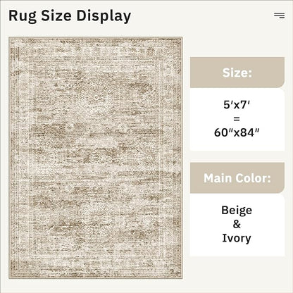 Soalmost 5x7 Area Rugs Brown Low Pile Indoor Washable Trendy Faded Style Rugs for Bedroom Living Room Dining Room Foldable Non-Slip Thin Print Mat