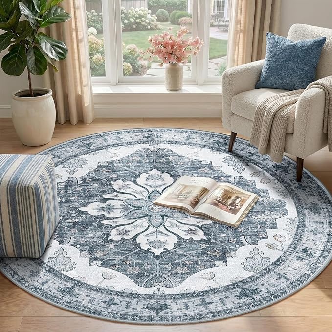 RELEANY Area Rugs Round 4ft Washable Non-Slip, Floral Vintage Distress Print Pattern Medallion Carpet for Living Room Bedroom Dining Room, Light Gray Grey White