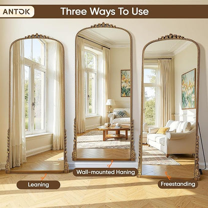 Antok Floor Mirror, 71"×32" Vintage Full Length Mirror Carved Full Body Mirror with Stand, Hanging Mounted for Bedroom Living Room Cloakroom,Gold,Luxury Style