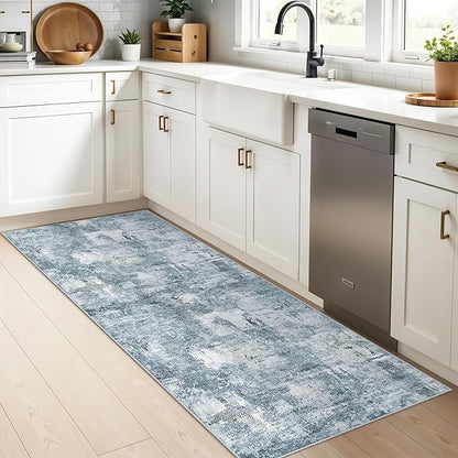 2x6 Washable Non-Slip Hallway Runner Rug – Modern Abstract Soft Carpet Runner for Kitchen, Bedroom with Rubber Backing – Low-Pile Thin Stain-Resistant Rug for Laundry Room, Entryway (Blue Grey)