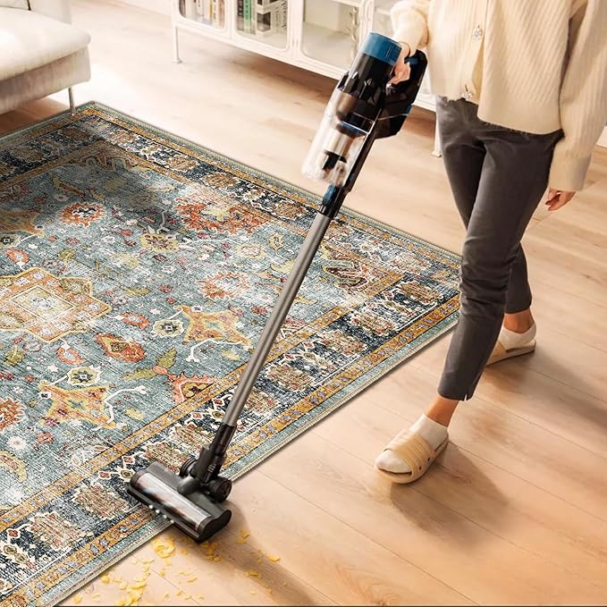 CHAMPLANT Area Rug 10'x14' Washable Vintage Traditional Mat Distressed Indoor Foldable Thin Retro Accent Floral Print Non Slip Carpet for Living Room Dining Room Office