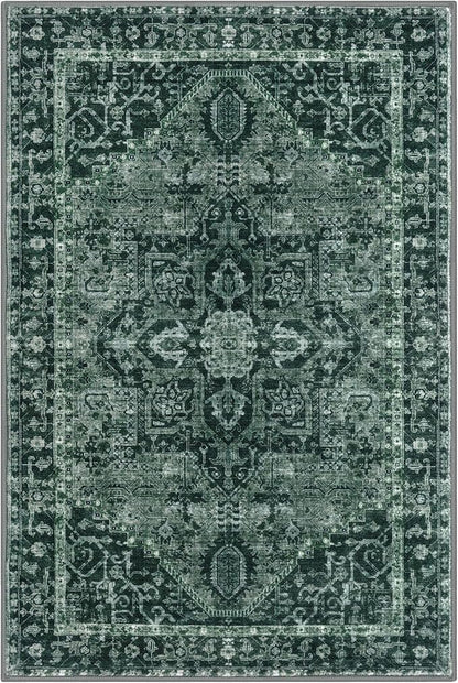 KOZYFLY Boho Area Rug 5x7 Ft Thin Washable Rugs for Living Room Faux Wool Throw Carpet Printed Non Slip Rug for Entryway Bedroom Dining Room Living Space, Dark Green