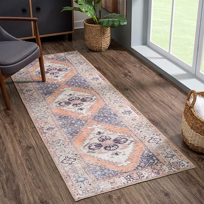 Bloom Rugs Washable 7 ft Runner - Orange/Blue/Beige Traditional Runner for Entryway, Hallway, Bathroom, and Kitchen - Exact Size: 2.5' x 7'