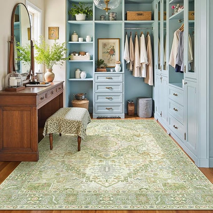 Kokia 6x9 Washable Sage Green Area Rugs with Vintage Orient Design Soft Rug for Living Room or Home Office Non-Slip Low Pile Stain Resistance Features Distressed Medallion Pattern