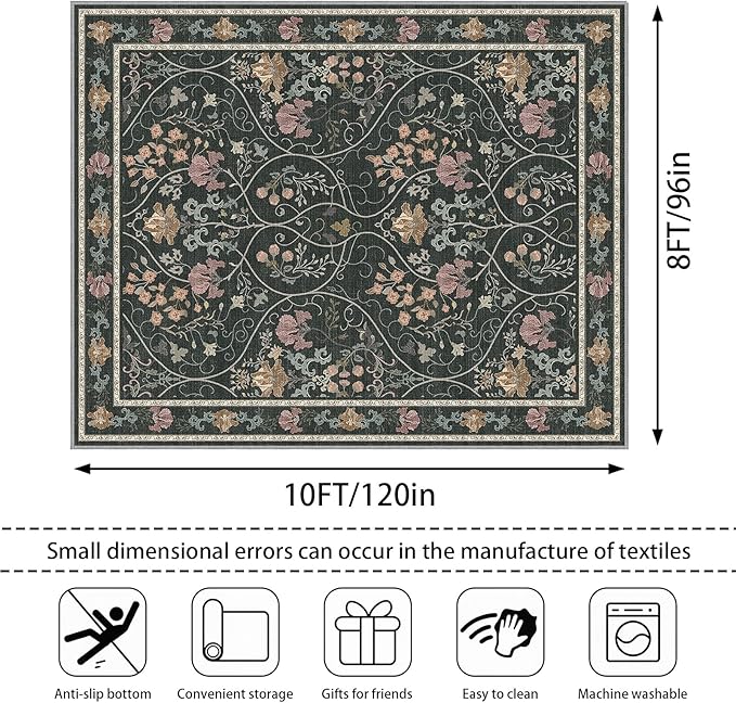 Floral Area Rug 8x10 Washable Vintage Non Slip Rug Large Soft Low Pile Stain Resistant Rugs for Living Room Bedroom Dining Room Laundry Indoor, Dark Grey