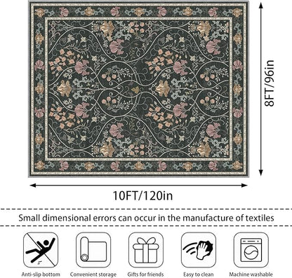 Floral Area Rug 8x10 Washable Vintage Non Slip Rug Large Soft Low Pile Stain Resistant Rugs for Living Room Bedroom Dining Room Laundry Indoor, Dark Grey
