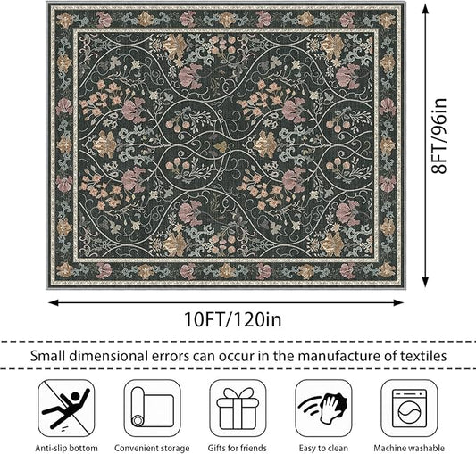 Floral Area Rug 8x10 Washable Vintage Non Slip Rug Large Soft Low Pile Stain Resistant Rugs for Living Room Bedroom Dining Room Laundry Indoor, Dark Grey
