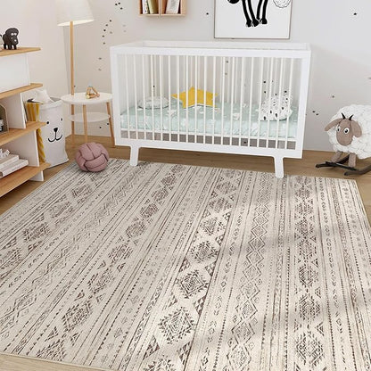 Nakagishi 9x12 Area Rugs Living Room: Washable Boho Large Neutral Soft Farmhouse Rug Stain Resistant Modern Moroccan Non-Slip Indoor Carpet for Bedroom Nursery Kids Office Dining Room - Dark Brown