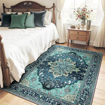 RELEANY Area Rugs 5'x7' Washable Non-Slip, Floral Vintage Distress Print Pattern Medallion Carpet for Living Room Bedroom Dining Room, Teal Green Lake Blue Turquoise