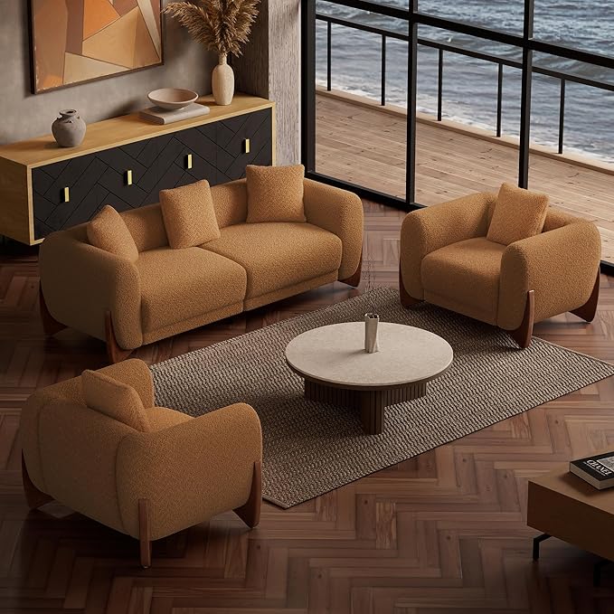 Morden Fort 3 Piece Boucle Sofa Set, Modern Upholstered Couches Sofas Set Durable Comfy Boucle Pet-Friendly, 2 Armchairs & 3-Seater Sofa Sets for Living Room Bedroom Apartment, Toffee Orange