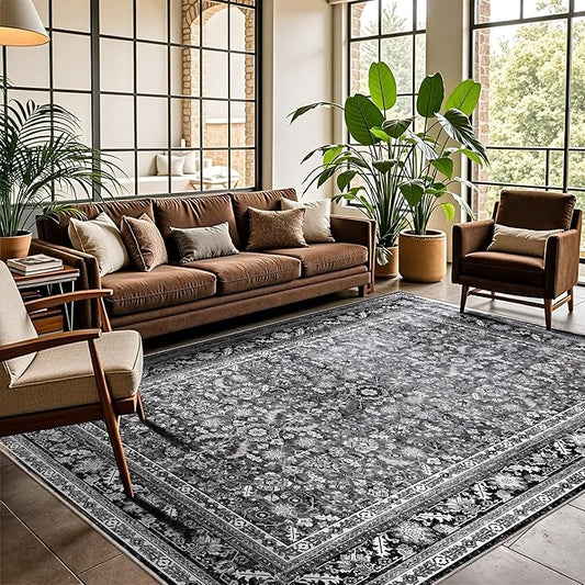 OPPODREAM Vintage Black Area Rugs 5x7, 5 x 7 Retro Washable Rug Non Slip, Low-Pile Faux Wool Carpet, Distressed Floor Mat for Living Room, Bedroom, Kitchen, Office, Dorm, Dinning Room
