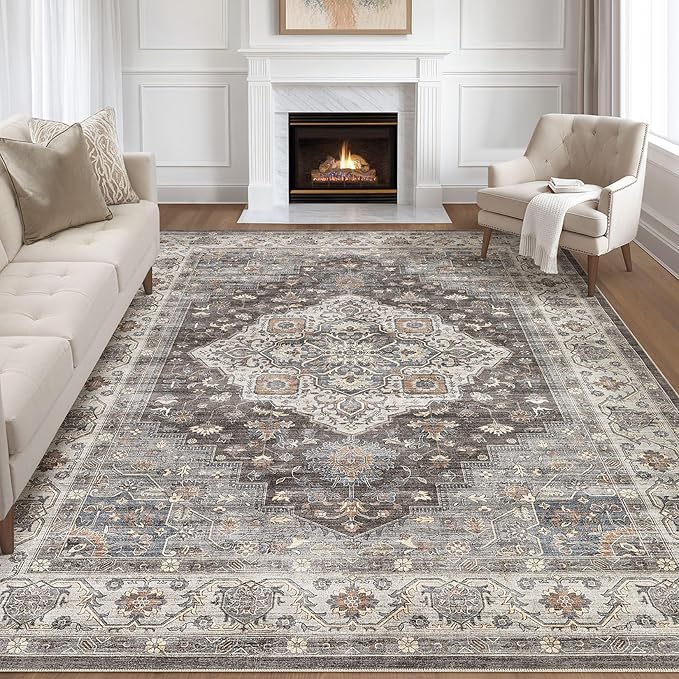 7x10 Area Rug Living Room: Washable Boho Large Neutral Vintage Soft Rug Stain Resistant Farmhouse Non-Slip Indoor Floor Carpet for Bedroom Nursery Kids Office Dining Room Playroom- Grey Brown