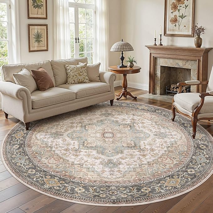 EIEIHOUSE 8ft Round Rugs for Living Room - Washable Neutral Vintage Distressed Farmhouse Large Soft Floor Area Rug Indoor Carpet for Bedroom Dining Room Office -Forest Green Orange