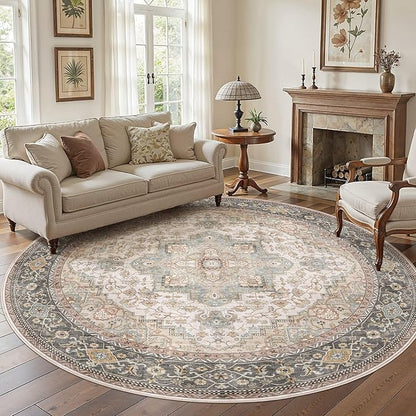 EIEIHOUSE 8ft Round Rugs for Living Room - Washable Neutral Vintage Distressed Farmhouse Large Soft Floor Area Rug Indoor Carpet for Bedroom Dining Room Office -Forest Green Orange
