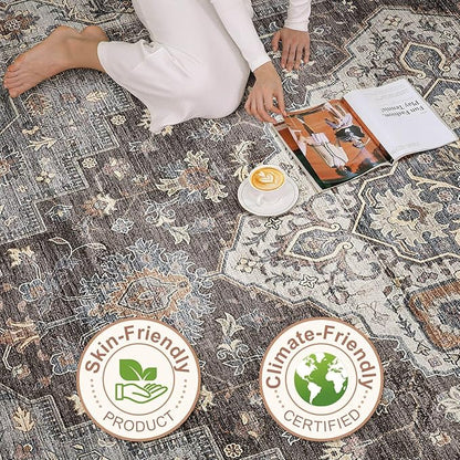 9x12 Area Rug Living Room: Washable Boho Large Neutral Vintage Soft Rugs Stain Resistant Farmhouse Non-Slip Indoor Floor Carpet for Bedroom Nursery Kids Office Dining Room Playroom- Grey Brown