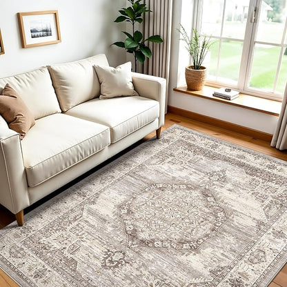 Washable Area Rugs 4x5 Entryway: Soft Ultra Thin Low Pile Mat Machine Washable Indoor Doormat Lightweight Entry Rug Anti Slip Backing Rugs for Living Room Bedroom Kitchen 4'x5' Beige