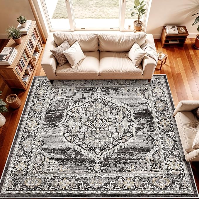 7x7 Area Rug Washable Living Room Rugs: 7ft Square Ultra Thin Soft Oriental Area Rugs Non-Slip Backing Farmhouse Rug Low Pile Thin Stain Resistant Indoor Carpets, 7' x 7' Black