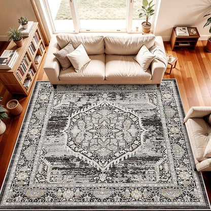 7x7 Area Rug Washable Living Room Rugs: 7ft Square Ultra Thin Soft Oriental Area Rugs Non-Slip Backing Farmhouse Rug Low Pile Thin Stain Resistant Indoor Carpets, 7' x 7' Black