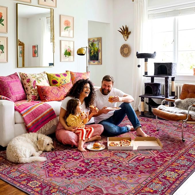 Kokia 6x9 Washable Magenta Hot Pink Area Rugs with Vintage Orient Design Soft Rug for Living Room or Home Office Non-Slip Low Pile Stain Resistance Features Distressed Medallion Pattern