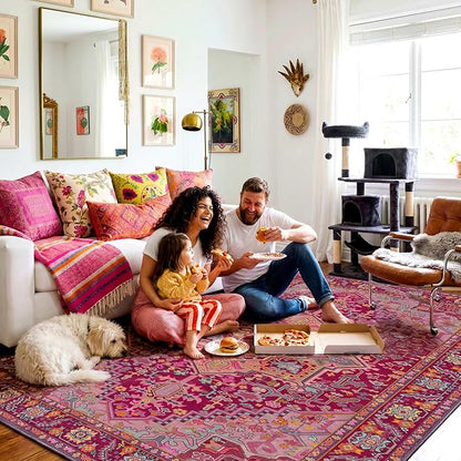 Kokia 6x9 Washable Magenta Hot Pink Area Rugs with Vintage Orient Design Soft Rug for Living Room or Home Office Non-Slip Low Pile Stain Resistance Features Distressed Medallion Pattern