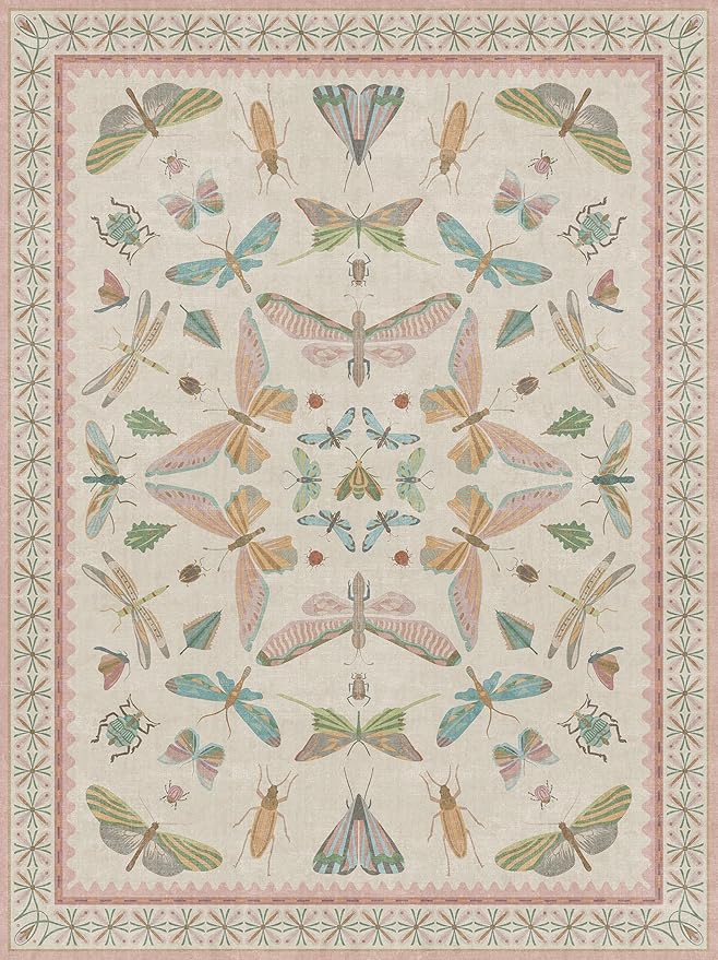 Hazo Haus 9x12 Pink Area Rug for Girls Bedroom, Washable Living Room & Dining Room Rug with Pastel Flower Insect Print, Whimsical Décor Carpet