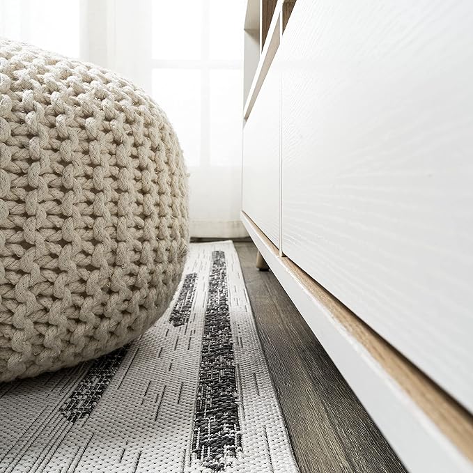 JONATHAN Y Stripe Geometric Indoor Outdoor Runner Rug 2X8 Ivory/Black, Zolak Berber for Backyard, Patio, Porch, Easy-Cleaning, High Traffic, Pet-Friendly, Non-Shedding (SMB124D-28)