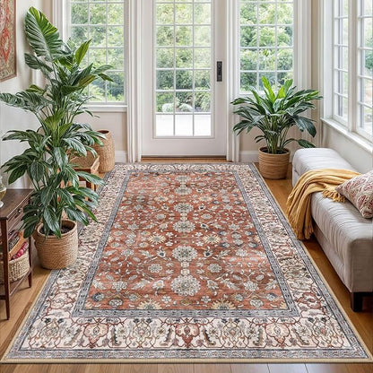 KUTA Vintage Area Rug 4x6 Washable Rug Traditional Floor Cover Foldable Red Clay Ultra Thin Soft Retro Accent Indoor Distressed Non Slip Carpet Floral Print Mat Bedroom Living Room Dorm Office