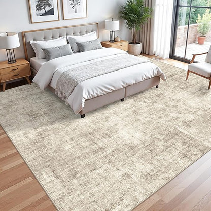 12x12ft Square Living Room Rug – Non-Slip Washable Extra Large Floor Carpet for Bedroom, Dining Room, Playroom Room – Modern Abstract Neutral Thin Low-Pile Big Indoor Rug (Warm Beige)