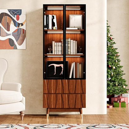 62.9'' Tall Mid Century Modern Lighted Glass Display Cabinet with Two Drawers, Walnut Finish Brown Dining China Hutch with 3 Tiers Storage Shelves, Wooden Curio Showcase for Living Room Kitchen
