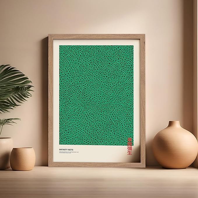 Poster Master Vintage Poster - Retro Pop Art Print - Gift for Artist, Friend - Infinity Nets, Japanese, Green, Modern, Abstract - Wall Decor for Home, Office, 16x20 Beige Framed
