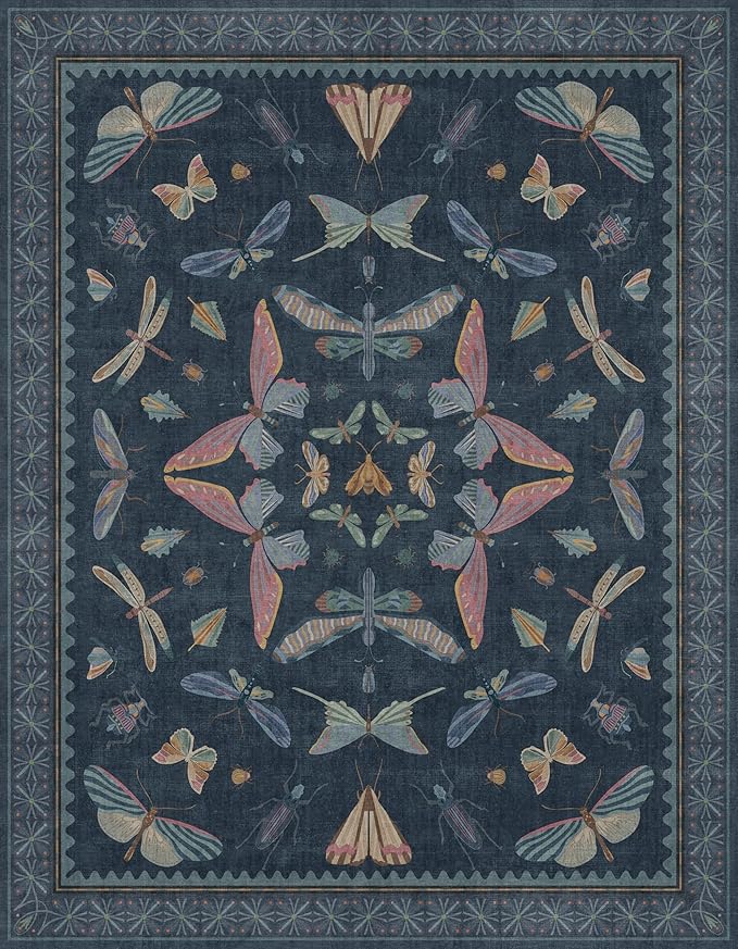 Washable 7x9 Large Area Rug for Living Room, Vintage Farmhouse Carpet for Bedroom & Dining Room Under Table, Dark Blue Boho Insect Moth Décor Rug