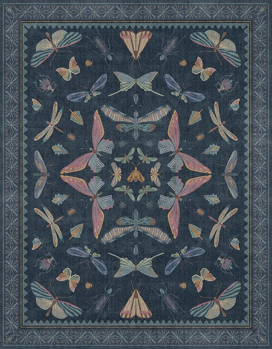 Washable 7x9 Large Area Rug for Living Room, Vintage Farmhouse Carpet for Bedroom & Dining Room Under Table, Dark Blue Boho Insect Moth Décor Rug