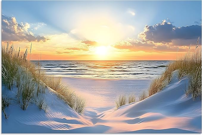 TutuBeer Beach Pictures Ocean Pictures Wall Decor White Beach with Dunes and Grass Picture Print on Canvas Ocean Seascape Paintings Canvas Art Prints Wall Decor Ready to Hang 24" x 36"