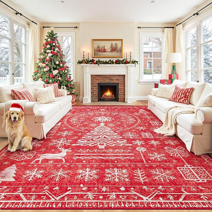 Christmas Area Rug for Living Room 8x10: Large Washable Xmas Rugs Boho Moroccan Holiday Rug Soft Non Slip Carpet for Bedroom Dining Room Home(Xmas Red, 8'X10')