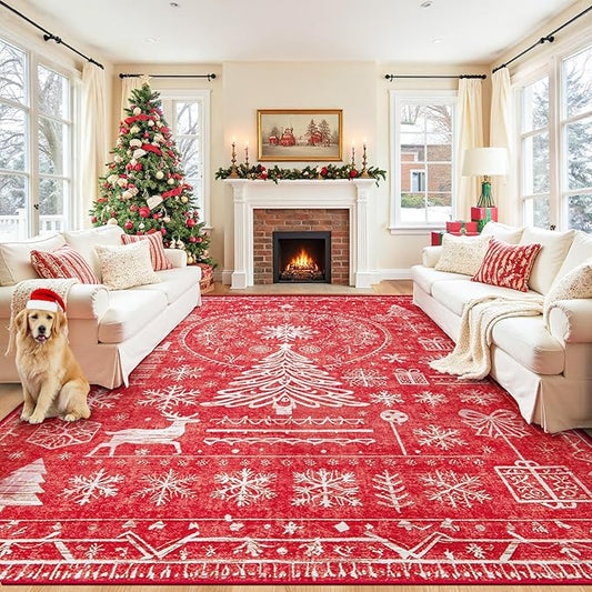 Christmas Area Rug for Living Room 8x10: Large Washable Xmas Rugs Boho Moroccan Holiday Rug Soft Non Slip Carpet for Bedroom Dining Room Home(Xmas Red, 8'X10')
