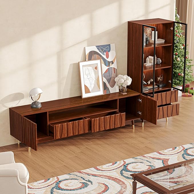 102'' Walnut Finish Entertainment Center for 55/65/75 inch TV, Included 78'' TV Stand and Glass Display Cabinet, 2-Piece Brown Mid Century Modern Wood Media Console for Living Room